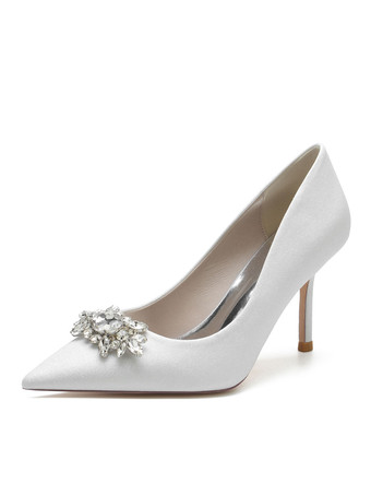 ホワイト 女性の結婚式の靴の弓スパンコールの布先のとがったつま先のスティレットヒールのブライダルシューズ