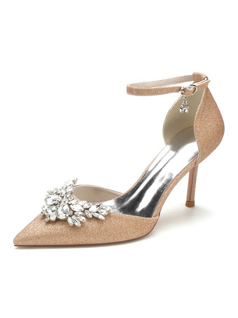 シャンパンカラー女性のブライダルシューズラインストーンスパンコールクロスポインテッドトゥスティレットヒールブライダルシューズ