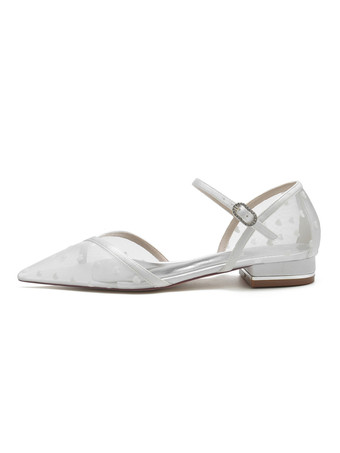 女性の結婚式の靴刺繡メッシュ先のとがったつま先フラットブライダルシューズ