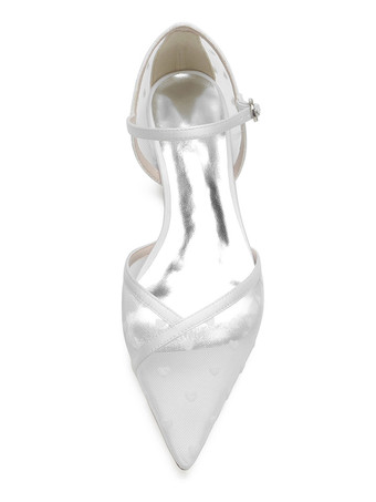 女性の結婚式の靴刺繡メッシュ先のとがったつま先フラットブライダルシューズ