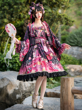 Vestido Lolita de estilo japonés Conjunto de 3 piezas Estampado floral Sin mangas Bowknot Kimono Lolita Trajes