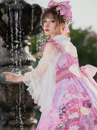 和風ロリータ衣装ロリータドレスポリエステル弓花柄キモノノースリーブピンク