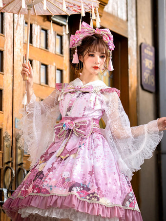 Japanese Style Lolita Dress Floral Print Sleeveless Bowknot Kimono Lolita JSK Dress with Headwear