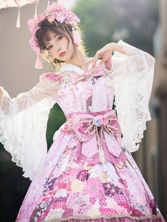 和風ロリータ衣装ロリータドレスポリエステル弓花柄キモノノースリーブピンク
