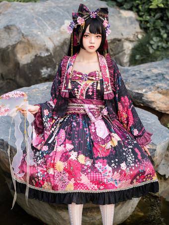 和風ロリータ衣装ロリータドレスポリエステル弓花柄キモノノースリーブピンク