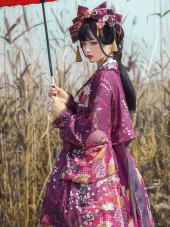 和風ロリータ衣装ロリータドレスポリエステル弓花柄キモノノースリーブピンク