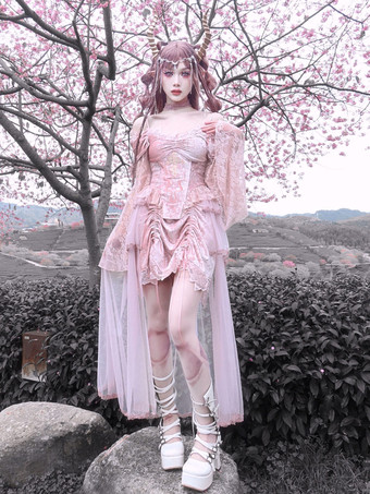 Gothic Lolita SK Falda de Lolita rosa plisada con bordado de encaje romántico