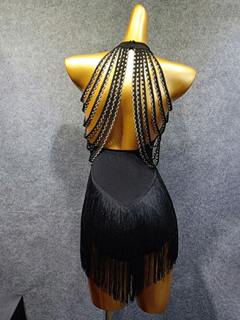 ラテンダンスコスチュームブラックレディースフリンジフリルボディコンセクシーなポリエステルドレスダンスウェア