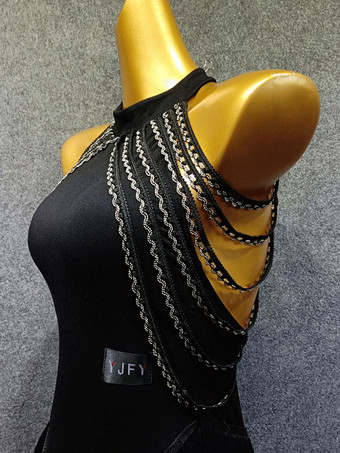 ラテンダンスコスチュームブラックレディースフリンジフリルボディコンセクシーなポリエステルドレスダンスウェア