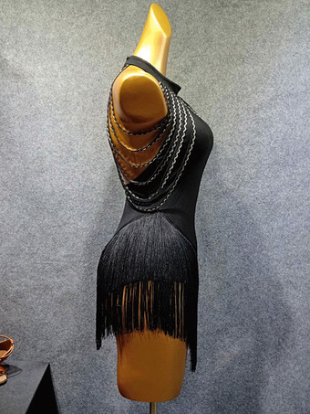 ラテンダンスコスチュームブラックレディースフリンジフリルボディコンセクシーなポリエステルドレスダンスウェア