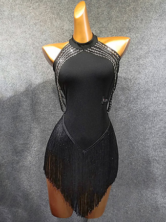Latin Dance Costume Black Women's Fringe Ruffled Bodycon Sexy Polyester Dress Dancing Wear
