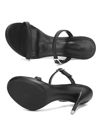 女性用オープントゥPUレザースティレットヒールスライドサンダルブラック