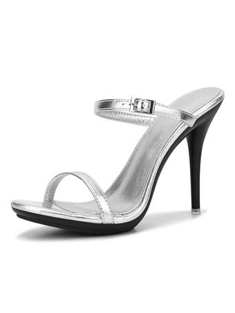 シルバー 女性用オープントゥPUレザースティレットヒールスライドサンダルブラック