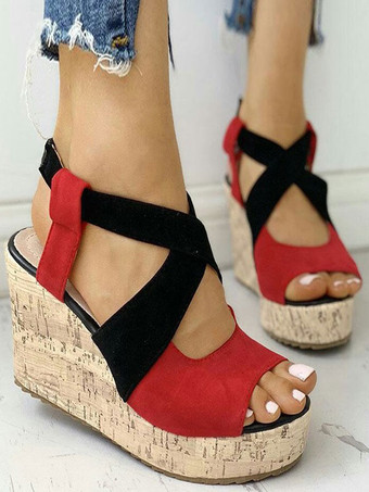 Chaussures Sandales à talons hauts Compensées Oysho Compens\u00e9 rouge-blanc cass\u00e9 style d\u00e9contract\u00e9 