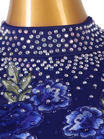 ラテンダンスドレスダークネイビーレディースラインストーンフローラルプリントボディコンセクシーポリエステルドレスダンスウェア