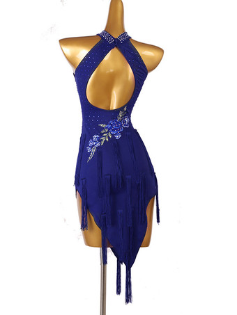 ラテンダンスドレスダークネイビーレディースラインストーンフローラルプリントボディコンセクシーポリエステルドレスダンスウェア