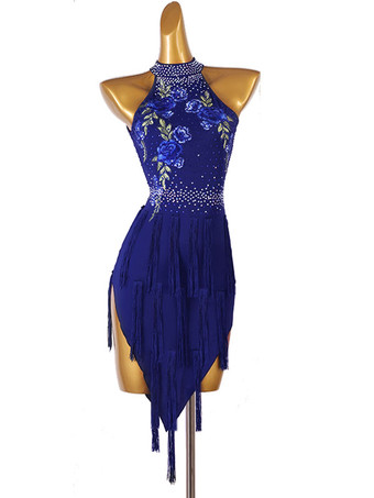 ブルー ラテンダンスドレスダークネイビーレディースラインストーンフローラルプリントボディコンセクシーポリエステルドレスダンスウェア