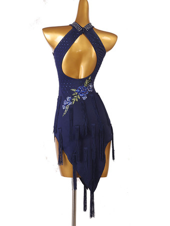 ラテンダンスドレスダークネイビーレディースラインストーンフローラルプリントボディコンセクシーポリエステルドレスダンスウェア