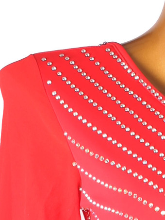 社交ダンスコスチューム赤い女性のセクシーなポリエステルラインストーンドレスダンサーダンスドレス