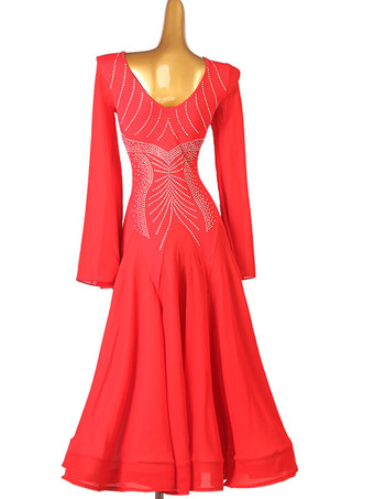 社交ダンスコスチューム赤い女性のセクシーなポリエステルラインストーンドレスダンサーダンスドレス