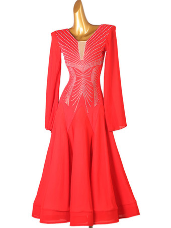社交ダンスコスチューム赤い女性のセクシーなポリエステルラインストーンドレスダンサーダンスドレス