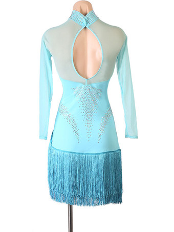 ラテンダンスドレスアクアレディースフリンジラインストーンボディコンセクシーポリエステルドレスダンスコスチューム