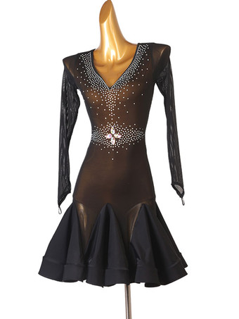 ラテンダンスコスチューム黒人女性のポリエステルドレスセクシーなラインストーンラテンダンサーダンスコスチューム