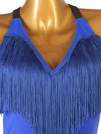 ラテンダンスコスチュームブルーレディースポリエステルドレスバックレスセクシーフリンジラテンダンサーダンスウェア