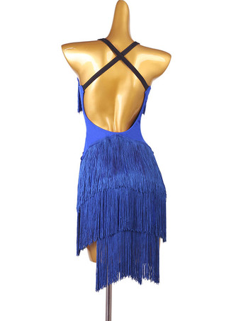 ラテンダンスコスチュームブルーレディースポリエステルドレスバックレスセクシーフリンジラテンダンサーダンスウェア