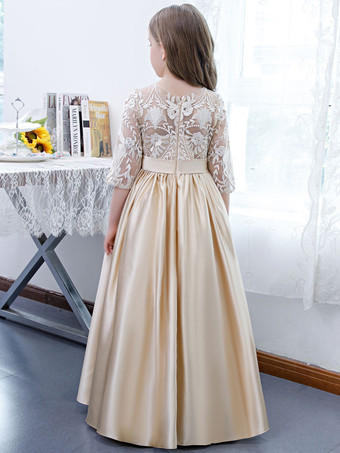 フラワーガールドレスレースレースジュエルネックハーフスリーブシャンパン