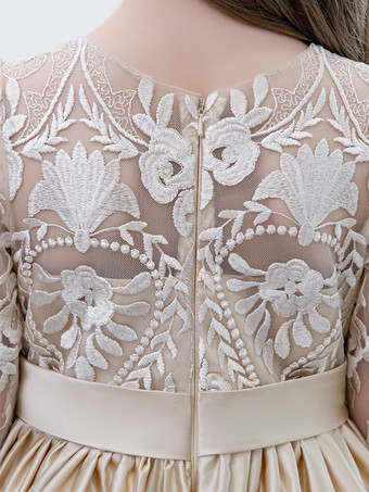 フラワーガールドレスレースレースジュエルネックハーフスリーブシャンパン