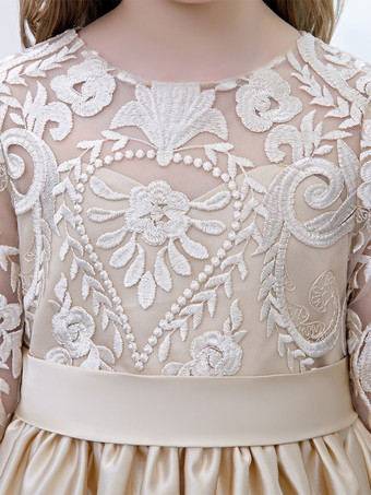 フラワーガールドレスレースレースジュエルネックハーフスリーブシャンパン