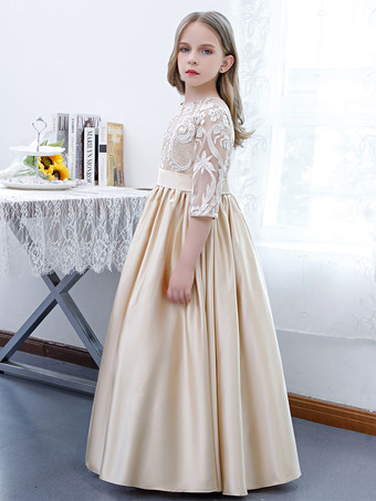 フラワーガールドレスレースレースジュエルネックハーフスリーブシャンパン