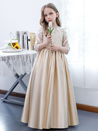 Champagne Flower Girl Dress Lace Jewel Neck Half Sleeves Kids Birthday Party Dresses