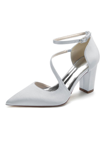 シルバー 女性の結婚式の靴ラインストーンサテン先のとがったつま先チャンキーヒールブライダルシューズ