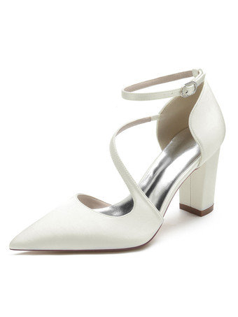 アイボリー女性の結婚式の靴ラインストーンサテン先のとがったつま先チャンキーヒールブライダルシューズ