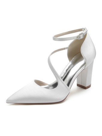 ホワイト 女性の結婚式の靴ラインストーンサテン先のとがったつま先チャンキーヒールブライダルシューズ
