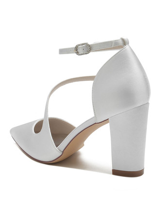 女性の結婚式の靴ラインストーンサテン先のとがったつま先チャンキーヒールブライダルシューズ