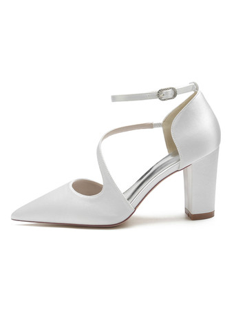 女性の結婚式の靴ラインストーンサテン先のとがったつま先チャンキーヒールブライダルシューズ