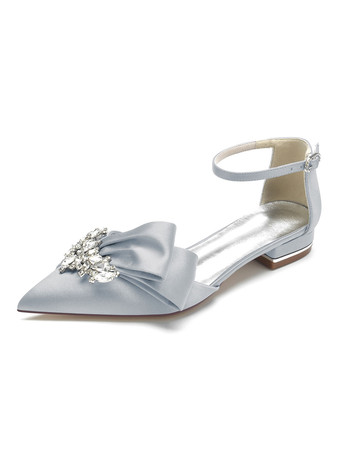 シルバー 女性のブライダルシューズラインストーンサテンポインテッドトゥフラットブライダルシューズ