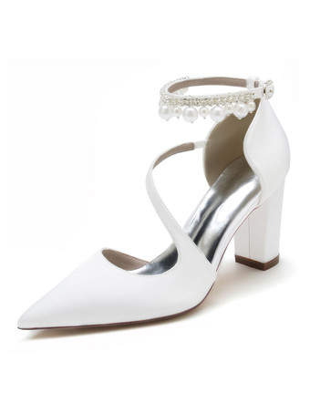 ホワイト 女性のブライダルシューズラインストーンサテンポインテッドトゥチャンキーヒールブライダルシューズ