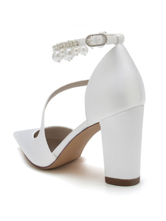 女性のブライダルシューズラインストーンサテンポインテッドトゥチャンキーヒールブライダルシューズ