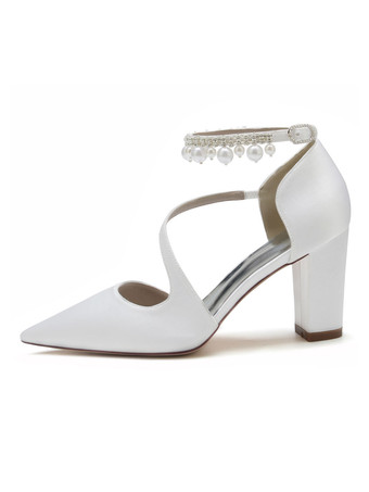 女性のブライダルシューズラインストーンサテンポインテッドトゥチャンキーヒールブライダルシューズ