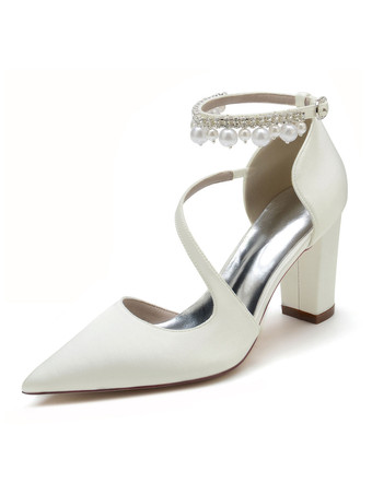 アイボリー女性のブライダルシューズラインストーンサテンポインテッドトゥチャンキーヒールブライダルシューズ