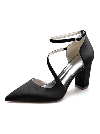 ブラック 女性の結婚式の靴ラインストーンサテン先のとがったつま先チャンキーヒールブライダルシューズ