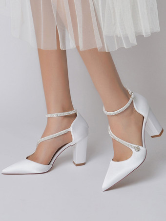 ホワイト 女性のブライダルシューズラインストーンサテンポインテッドトゥチャンキーヒールブライダルシューズ