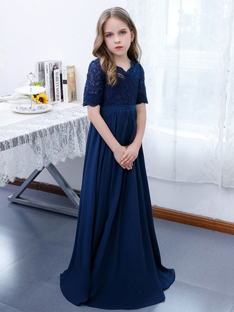 フラワーガールドレスシフォンレースVネック半袖ダークネイビー