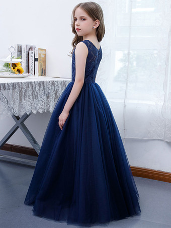 フラワーガールドレスレースレースジュエルネックノースリーブダークネイビー