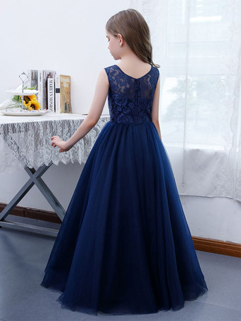 フラワーガールドレスレースレースジュエルネックノースリーブダークネイビー