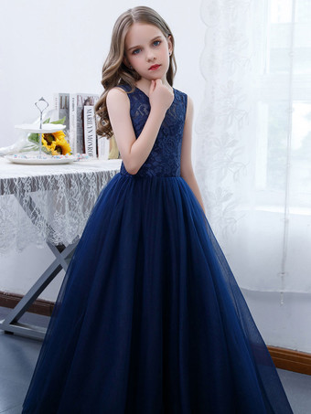 フラワーガールドレスレースレースジュエルネックノースリーブダークネイビー